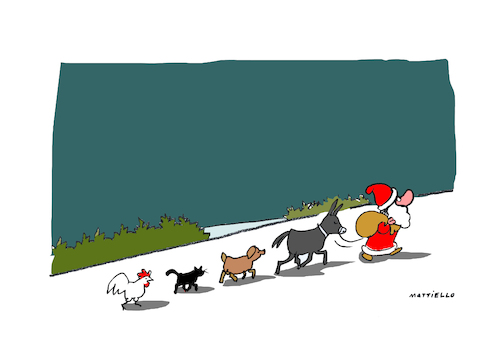 Cartoon: Rückzug (medium) by Mattiello tagged nikolaus,weihnachtsmann,esel,hund,katze,hahn,bremen,stadtmusikanten,rückzug,nikolaus,weihnachtsmann,esel,hund,katze,hahn,bremen,stadtmusikanten,rückzug
