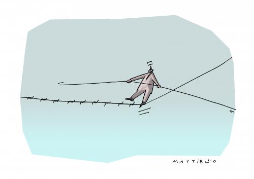 Cartoon: Seiltänzer (medium) by Mattiello tagged mann,seiltänzer,überraschung,stacheldraht,illustration,illustrationen,seil,balance,balancieren,gleichgewicht,draht,seiltänzer,stacheldraht,gefahr,sicherheit,vorsicht,hürde,hinderniss,zukunft,leben