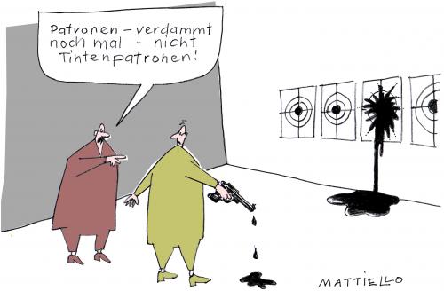 Cartoon: Tintenpatronen (medium) by Mattiello tagged computer,drucker,sport,mann,schiessen,pistole,irrtum,tinte,patrone,patronen,tintenpatrone,computer,rechner,drucker,füller,pistole,waffe,gewehr,schießen,übungsplatz,übung,fadenkreuz,zielscheibe,schießübung,abfeuern,sport,sportschießen,munition