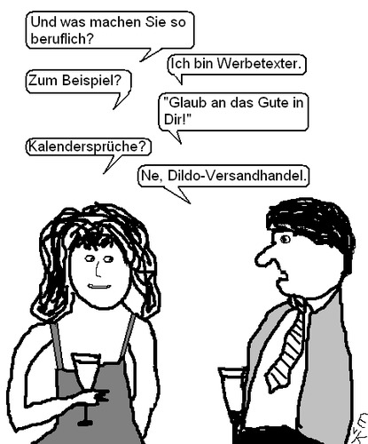 Cartoon: Smalltalk (medium) by Edzard von Keitz tagged smalltalk,party,sekt,mann,frau,werbung,texter,werbetexter,dildo,dildofabrik,glaub,an,das,gute,in,dir