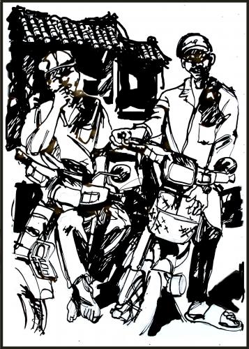 Cartoon: motobike to rent (medium) by yalisanda tagged motobike,asia,vietnam,black,white,man,drawing