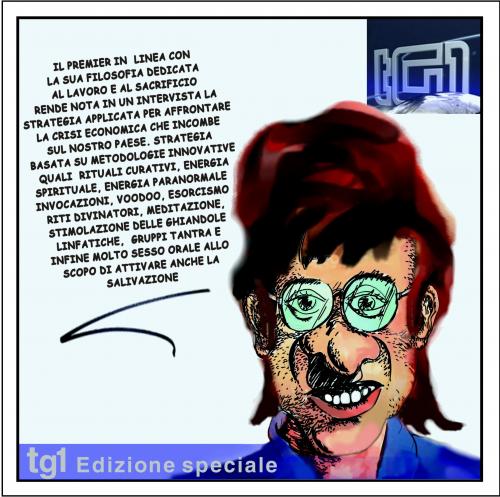 Cartoon: tg1 Edizione speciale (medium) by yalisanda tagged berlusconi,sacrificio,lavoro,italy,government,satira,voodoo,tantra,energia,ghiandole,linfatiche,sesso,tg1,edizione,speciale,meditazione,invocare