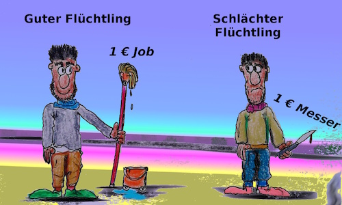 Cartoon: anschauungsunterricht (medium) by ab tagged flüchtling,arbeit,billig,messer