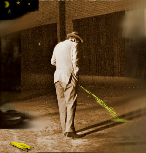 Cartoon: art yellow (medium) by ab tagged night,man,banana,moon,stars,street,water