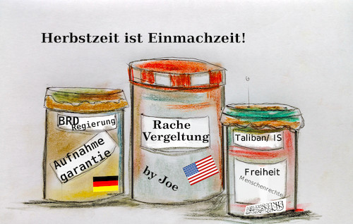 Cartoon: das schmeckt (medium) by ab tagged herbst,küche,einweckglas,brd,usa,afghanistan,evakuierung,taliban,is,politik,versprechen,lügen,wahrheit,betrug