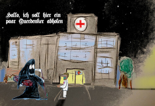 Cartoon: die gute nachricht (medium) by ab tagged deutschland,corona,virus,impfung,arzt,krankenhaus,intensivstation,patient,querdenker,impfgegner,tod
