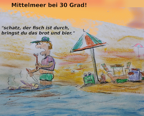 Cartoon: direct seafood (medium) by ab tagged klimawandel,erderwärmung,sommer,hitze,mittelmeer,temperatur,urlaub,tourismus,strand,fisch