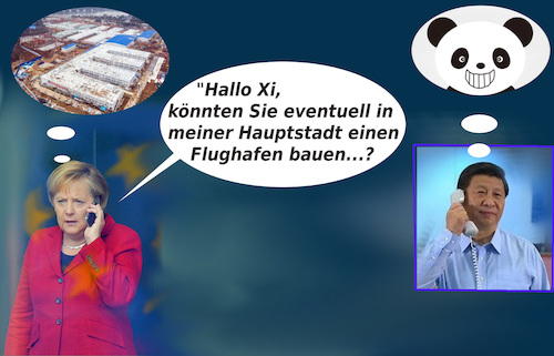 Cartoon: erwartungsvolle geheimgespräche (medium) by ab tagged deutschland,berlin,flughafen,kanzlerin,merkel,china,virus,xi,jinping,krankenhaus,bau,baustelle