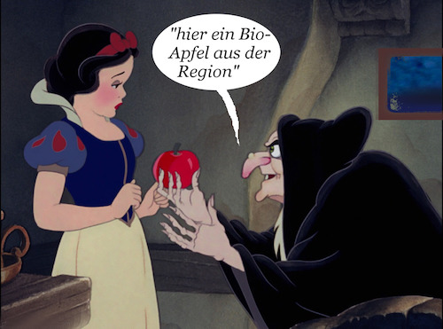 Cartoon: früher selbstverständlich (medium) by ab tagged apfel,obst,biologisch,gesund,märchen,schneewittchen,hexe,gift