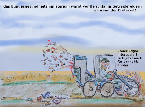 Cartoon: gefährliches naturerlebniss (medium) by ab tagged jahreszeit,ernte,getreide,feld,natur,liebe,tod,bauer,landwirtschaft,mähdrescher