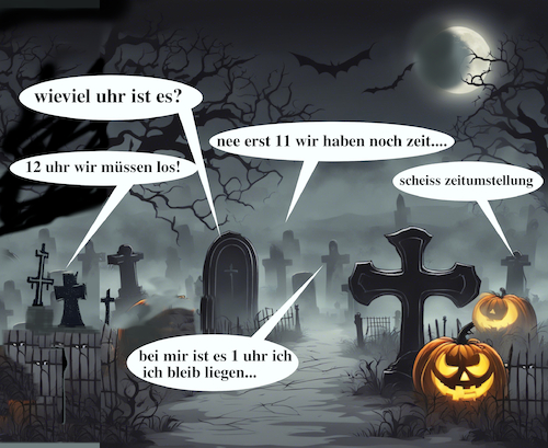 Cartoon: geisterstunde (medium) by ab tagged herbst,halloween,zeit,uhr,umstellung,freidhof,geister,tot