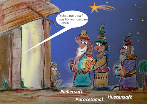 Cartoon: heilige drei könige (medium) by ab tagged weihnachten,geburt,kind,jesu,krippe,kinder,könige,gaben,morgrnland,geschenke,medizin,medikamente,deutschland,mangel