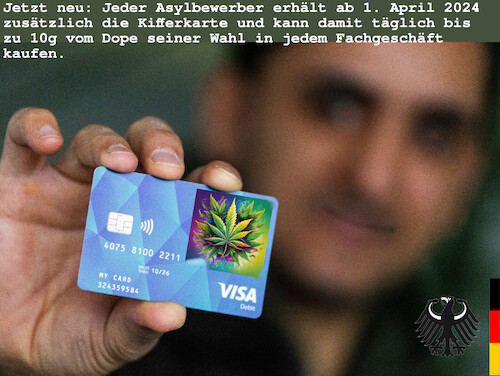 Cartoon: ihre bundesregierung (medium) by ab tagged deutschland,ampel,geld,flüchtlinge,asyl,karte,drogen,einkauf