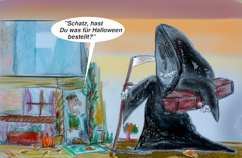 Cartoon: lieferservice (medium) by ab tagged corona,virus,home,zuhause,lockdown,lieferdienst,halloween,tod