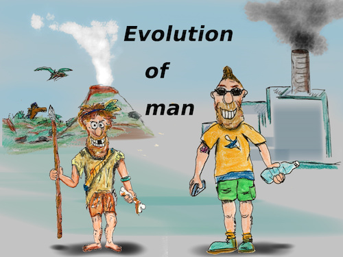 Cartoon: progress (medium) by ab tagged man,menkind,past,future,evolution,dirt,smog,plastic