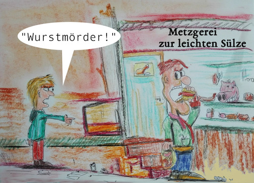 Cartoon: radikalisierung (medium) by ab tagged fleisch,wurst,essen,metzgerei,ernährung,vegan,vegetarisch,mann,mädchen