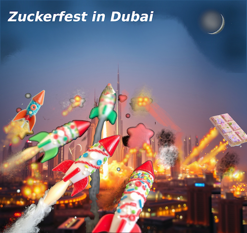 Cartoon: ramadam ende (medium) by ab tagged ramadan,fastenzeit,islam,zuckerfest,eid,al,fitr,happy,karies,arabien,vae,dubai,iran,usa,krieg,raketen,israel