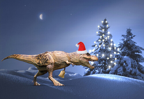 Cartoon: santa saurus (medium) by ab tagged santa,claus,weihnachtsman,trex,dinosaurier,winter,schnee,geschenke