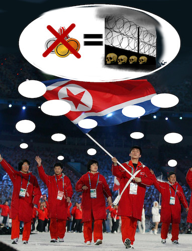 Cartoon: spiele für alle (medium) by ab tagged korea,nord,süd,winter,spiele,olympia,sportler,druck,medallien,zwang