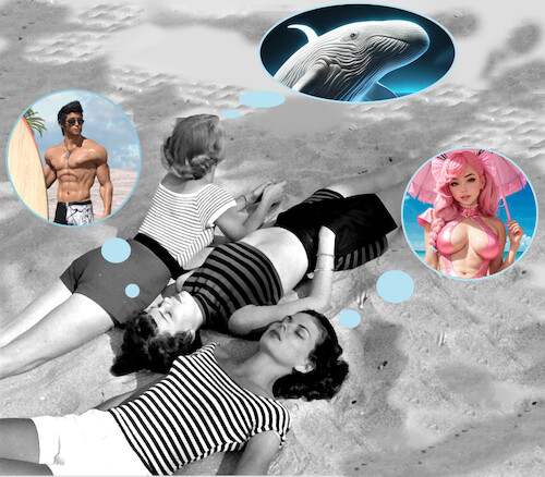 Cartoon: sur la plage (medium) by ab tagged strand,plage,meer,mare,girls,femme,teenager,dream,summer,mer