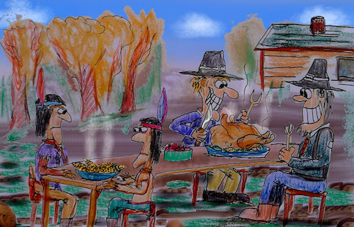 Cartoon: thanksgiving (medium) by ab tagged thanksgiving,pilgrim,indians,turkey,eat,corn