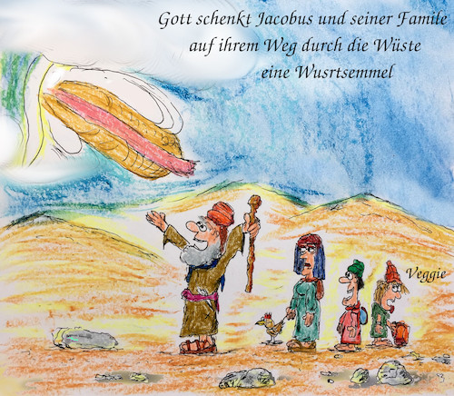 Cartoon: unbekannte bibelstellen (medium) by ab tagged bibel,gott,gabe,wunder,mensch,familie,wüste,wanderung,hunger,essen,nahrung,mana,glaube