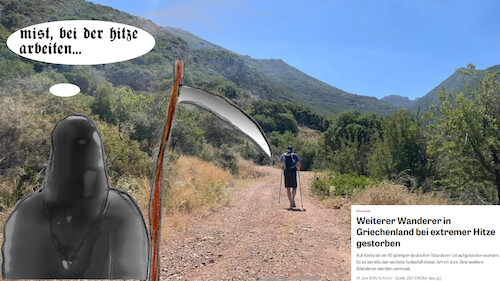 Cartoon: valley of death (medium) by ab tagged europa,griechenland,hitze,klima,wetter,extrem,tourist,tod