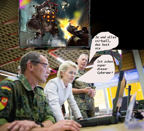 Cartoon: von der leyen  und der cyberwar (medium) by ab tagged cyberwar,von,der,leyen,bundeswehr