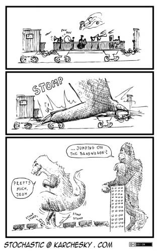 Cartoon: And the band kept playing on (medium) by karchesky tagged random,godzilla,king,kong,bandwagon,stomp