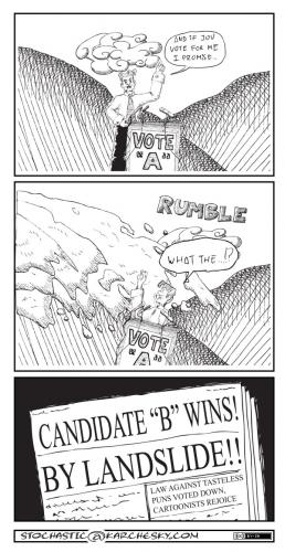 Cartoon: Victory (medium) by karchesky tagged stochastic,candidate,wins,by,landslide,tasteless,pun