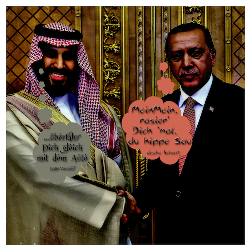 Cartoon: Brothers in Arms (medium) by Night Owl tagged recep,tayyip,erdogan,saudisch,kronprinz,mohammed,bin,salman,saudi,arabien,türkei,konflikt,katar