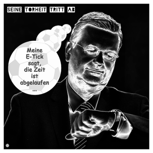 Cartoon: Eigentor (medium) by Night Owl tagged reinhard,grindel,präsident,dfb,ethikkommission,rücktritt,deutscher,fußball,bund,boss,sportfunktionär,uhr,ticktack