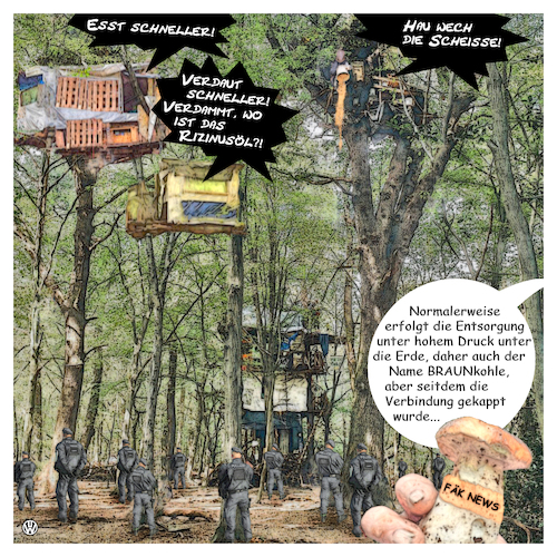 Cartoon: Hambacher Frust (medium) by Night Owl tagged hambacher,forst,polizei,polizist,fäkalien,wurf,würfe,braunkohle,tagebau,rodung,barrikade,baum,baumhaus,baumhäuser