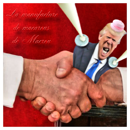 Cartoon: La manufacture de macarons (medium) by Night Owl tagged donald,trump,emmanuel,macron,france,us,handshake,frankreich,usa,händeschütteln,handgeben,g7,gipfel,nato,respekt,makronen,manufaktur,produktion,manuell,handgefertigt