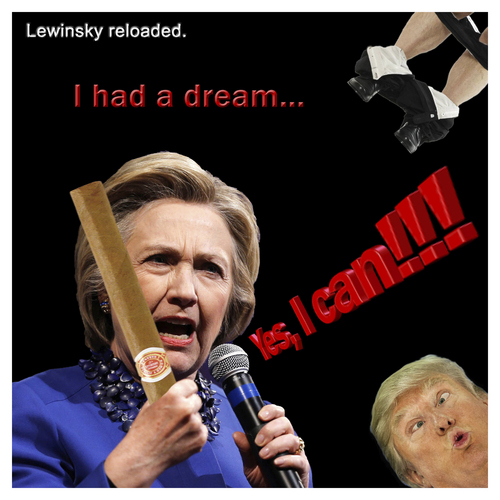 Cartoon: Lewinsky reloaded. (medium) by Night Owl tagged hillary,clinton,bill,monica,lewinsky,donald,trump,usa,zigarre,cigar