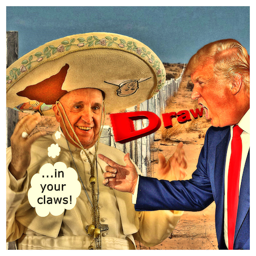 Cartoon: Mexican Dream (medium) by Night Owl tagged donald,trump,usa,president,united,states,mexiko,mexico,grenze,frontier,papst,pope,vatikan,vatican,desert,wüste,western,wild,west