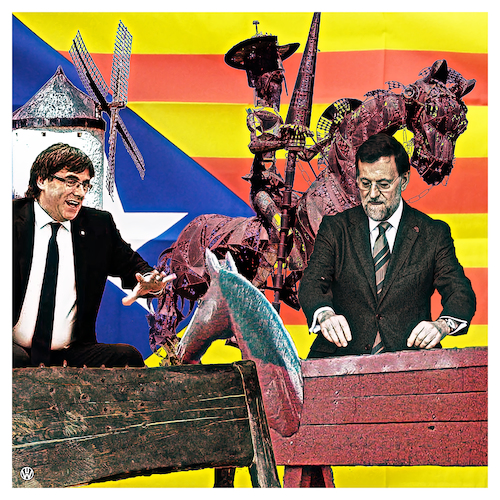 Cartoon: Putsch-Dämon (medium) by Night Owl tagged carles,puigdemont,regierungschef,katalonien,catalunya,mariano,rajoy,spanien,ministerpräsident,unabhängigkeit,separatisten,barcelona,don,quijote,quixote,pferd,gaul,windmühle,reiter