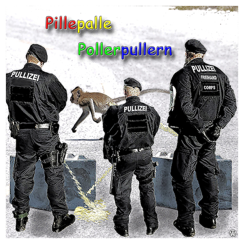 Cartoon: Reviermarkierer (medium) by Night Owl tagged poller,betonpoller,anti,terror,sicherheit,abschottung,innenstadt,sperren,blockade,anschlag,lastwagen,lkw,polizei,pullern,pinkeln,pissen,urinieren