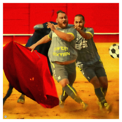 Cartoon: TOR-Eros (medium) by Night Owl tagged amateur,fussball,kreisliga,gewalt,schiri,schiedsrichter,jagd,tus,asterlagen,büdericher,sv,aggression,brennpunkt,konflikt,ausschreitung,toreros,stierkampf,arena,tor,torheit