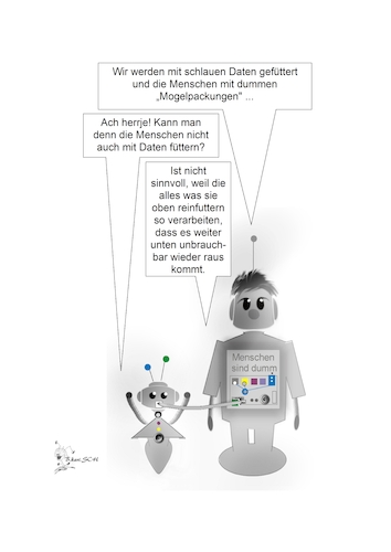 Cartoon: ... dumm oder schlau? (medium) by BES tagged nahrung,technik,menschen,daten,künstliche,intelligenz,dummheit,mogelpackungen,deutschland,essen,gesellschaft,karikatur,lebensmittel,roboter,bes