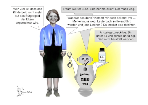 Cartoon: böse KI vs. Lindner (medium) by BES tagged technik,menschen,daten,künstliche,intelligenz,deutschland,gesellschaft,karikatur,roboter,bes,frau,geld,kind,kinder,koalition,politik,politiker,lindner,lisa,paus,kindergeld,sparschwein,bürgergeld,steuergelder