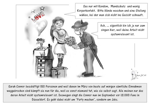 Cartoon: Sarah sorgt sich ... (medium) by BES tagged job,arbeitsplatz,kommunikation,coronaseuche,virusinfektion,klopapier,lockdown,covid19,lockerungen,beziehung,frau,lebensmittel,liebe,mann,coronavirus,ausgangsbeschränkungen,coronakrise,tiere,pärchen,natur,pandemie,mundschutz,hamsterkäufe,shutdown,konzert,sarah,connor,bordell,bes,sexarbeit,singen,schwarzweiß