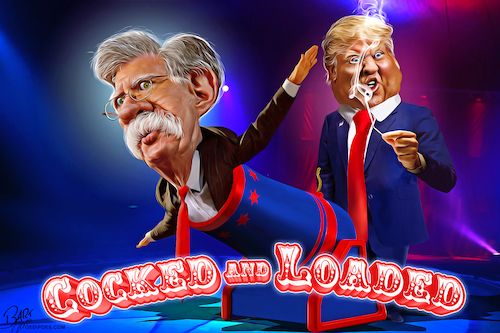 Cartoon: Cocked and Loaded (medium) by Bart van Leeuwen tagged iran,war,john,bolton,trump,drone,attack,cocked,loaded,sanctions