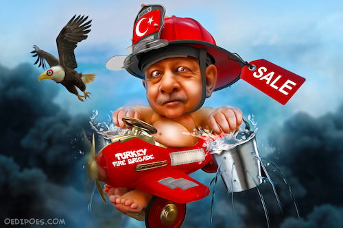 Cartoon: Forest Fires Erdogan (medium) by Bart van Leeuwen tagged forest,fires,turkey,erdogan,water,bomber,economy