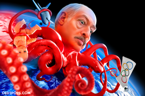 Cartoon: Lukashenkos long arms (medium) by Bart van Leeuwen tagged lukashenko,bularus,russia,octopus,tokyo,2020,olympic,games,tsimanouskaya