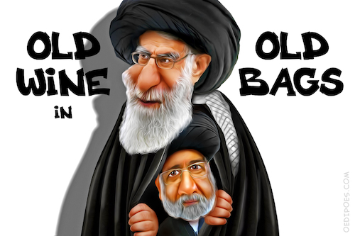 Cartoon: Old Wine in Old Bags (medium) by Bart van Leeuwen tagged ibrahim,raisi,iran,president,ali,khamenei,protege,old,wine,bags