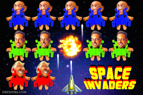 Cartoon: Space Invaders (medium) by Bart van Leeuwen tagged space,race,invaders,elonmusk,richardbranson,jeffbezos,amazon,tesla,virgin,arcade