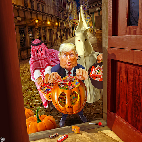 Cartoon: Trump or Treat (medium) by Bart van Leeuwen tagged halloween,trump,trick,or,treat,ghost,kkk,saudi,arabia