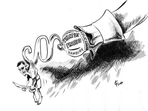 Cartoon: Am Haken (medium) by Paolo Calleri tagged containerschiff,hamburg,landgericht,deutschland,somalia,piraten