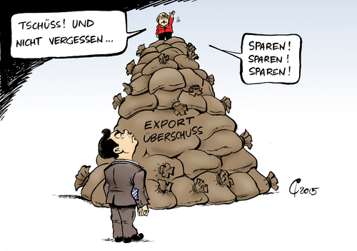 Cartoon: Auf Augenhöhe (medium) by Paolo Calleri tagged cartoon,karikatur,steuern,einnahmen,austeritaet,sparpolitik,rekord,ueberschuss,export,eurozone,finanzen,wirtschaft,reformliste,reformen,schuldenkrise,merkel,angela,bundeskanzlerin,syriza,tsipras,alexis,ministerpraesident,griechenland,berlin,deutschland,eu,eu,deutschland,berlin,griechenland,ministerpraesident,alexis,tsipras,syriza,bundeskanzlerin,angela,merkel,schuldenkrise,reformen,reformliste,wirtschaft,finanzen,eurozone,export,ueberschuss,rekord,sparpolitik,austeritaet,einnahmen,steuern,karikatur,cartoon,paolo,calleri